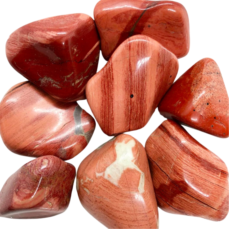 A bunch of beautiful, shiny satin leaf jasper in prominent colors of light orange to red