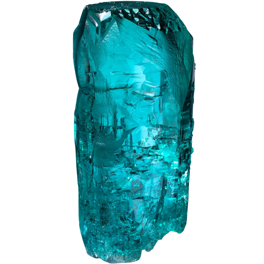 A stunning rich blue-green crystal of raw aquamarine