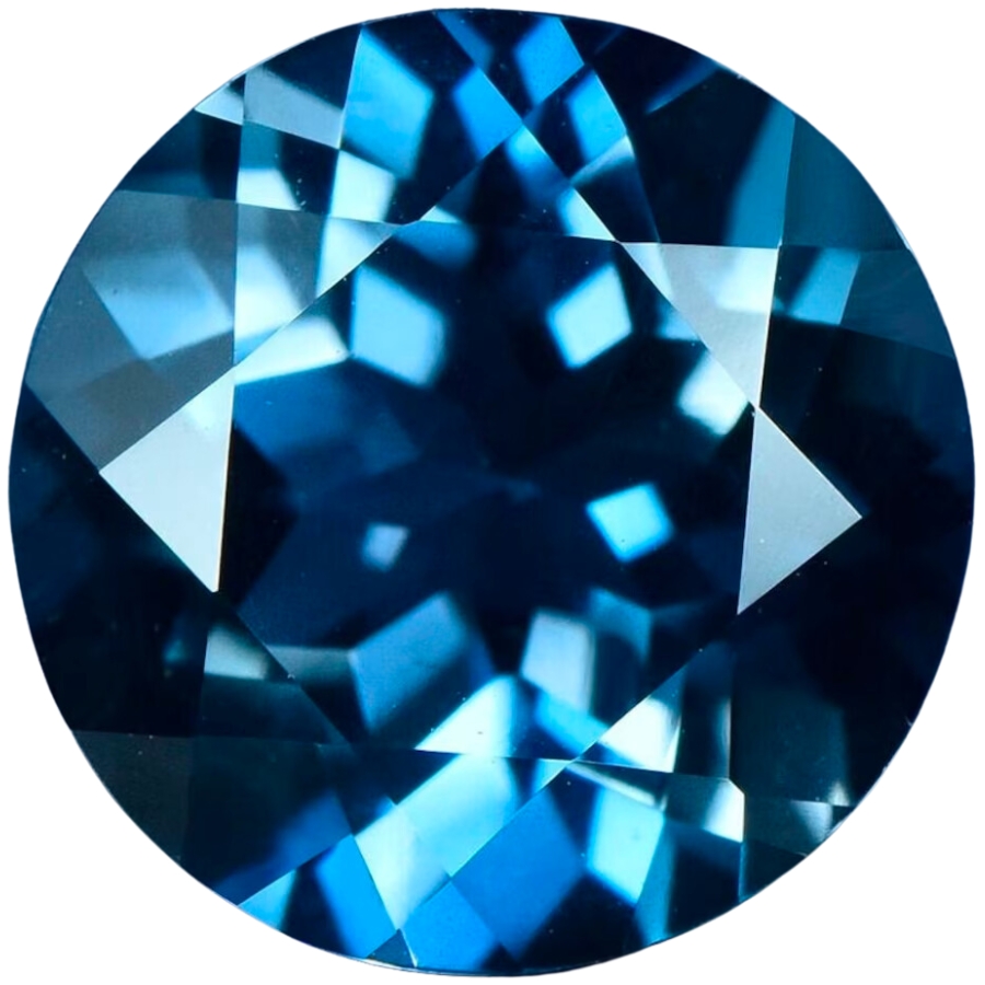 A loose, round, and faceted London blue topaz
