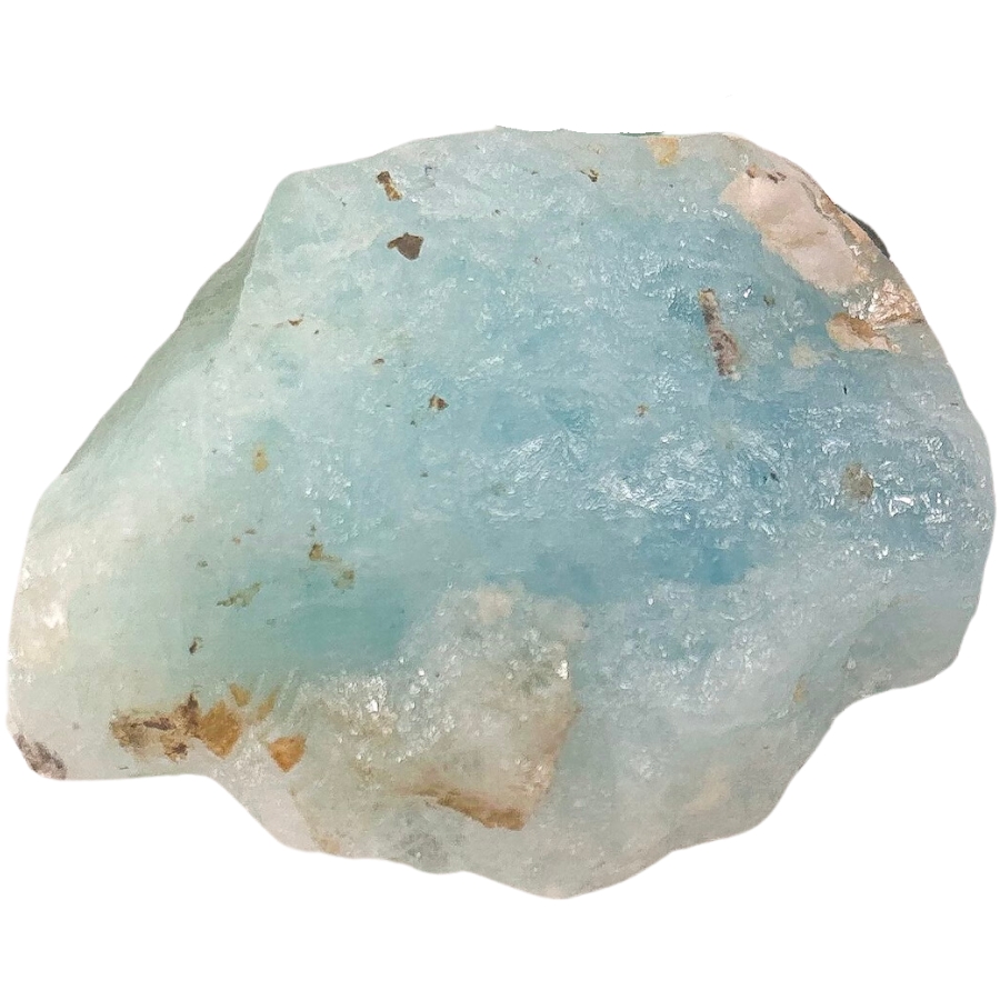 A raw piece of aquamarine with a light sky blue color