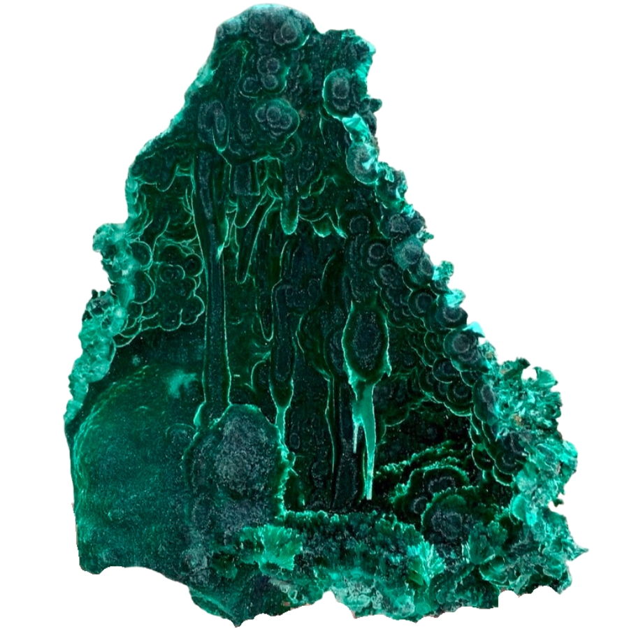 A velvety malachite geode with beautiful bands and stalactites