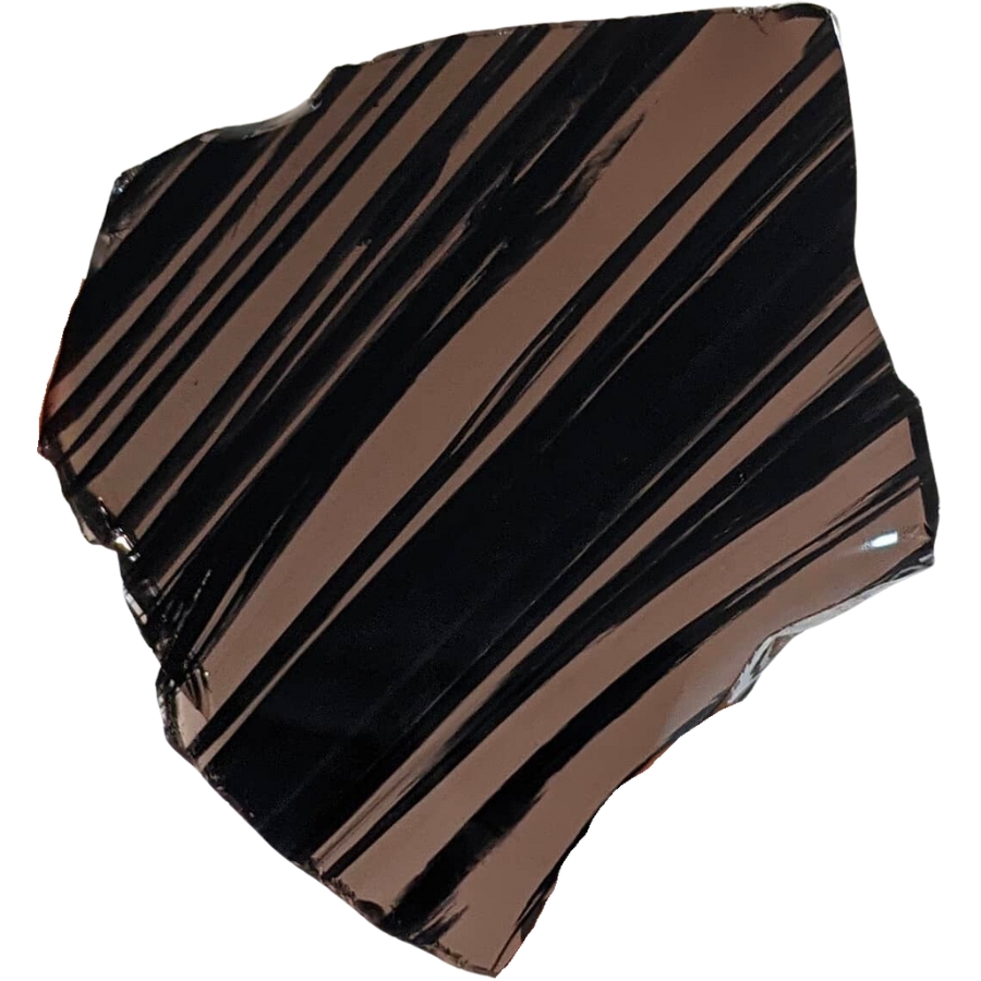 A piece of midnight lace obsidian showing brown stripes over its overall black hue