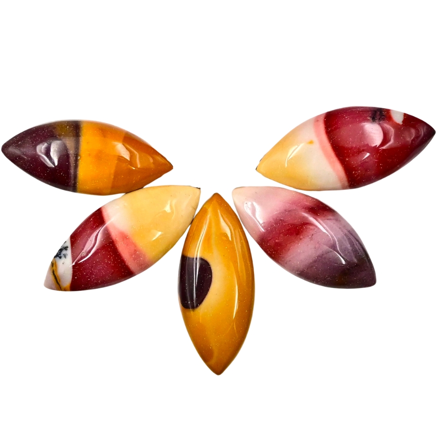 Five pieces of shiny mookaite jasper cabochons showing a beautiful blend of colors
