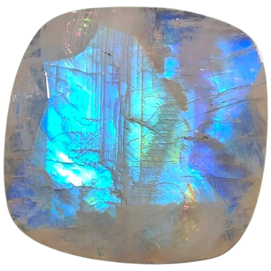 A polished chip of moonstone displaying adularescence 