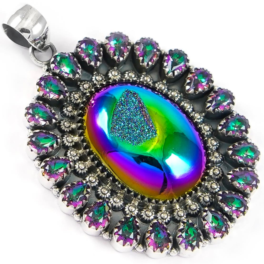 A pendant adorned with mystic topaz with druzy cluster