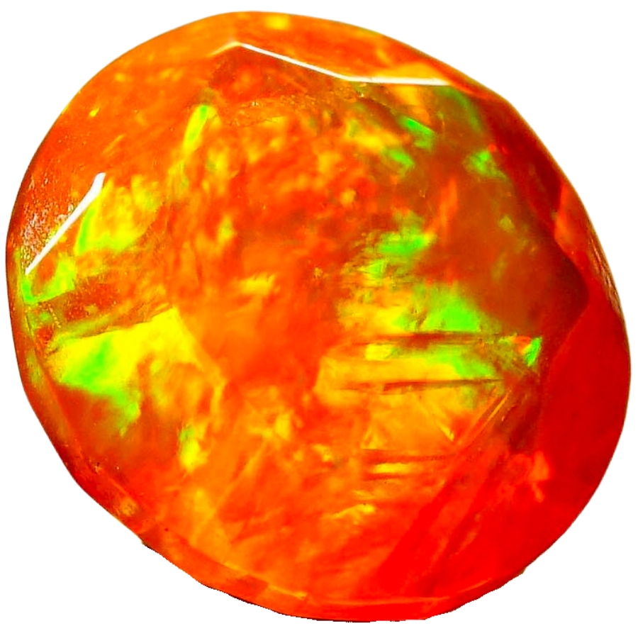 A faceted, round, bright orange opal with dashes of green in the middle