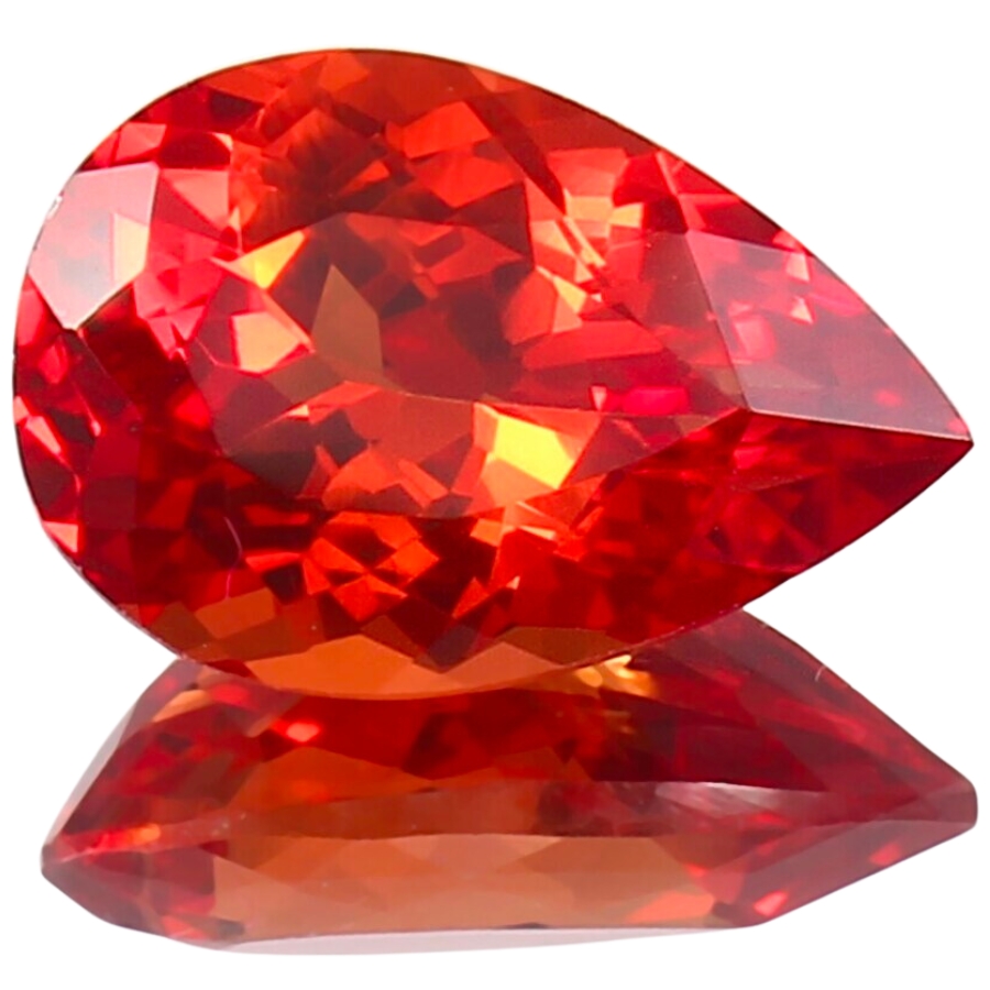 A beautiful, pear-cut deep orange red sapphire