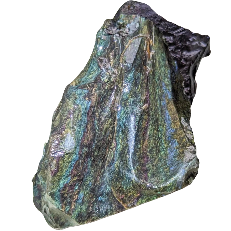 A colorful, peacock-like raw velvet obsidian