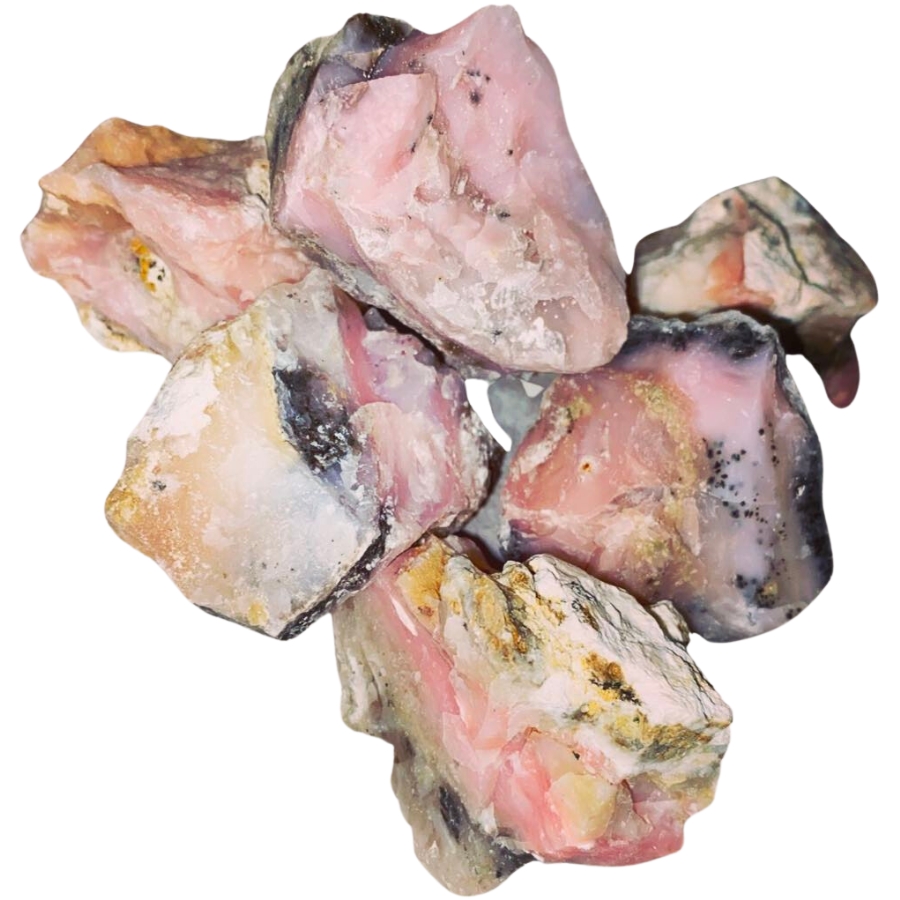 Several pieces of raw and rough pink opals