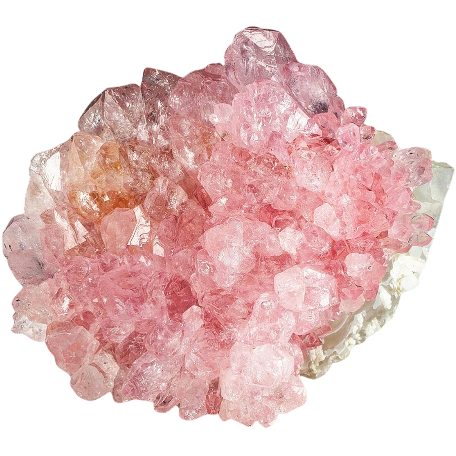A cluster of shiny, pink quartz crystals