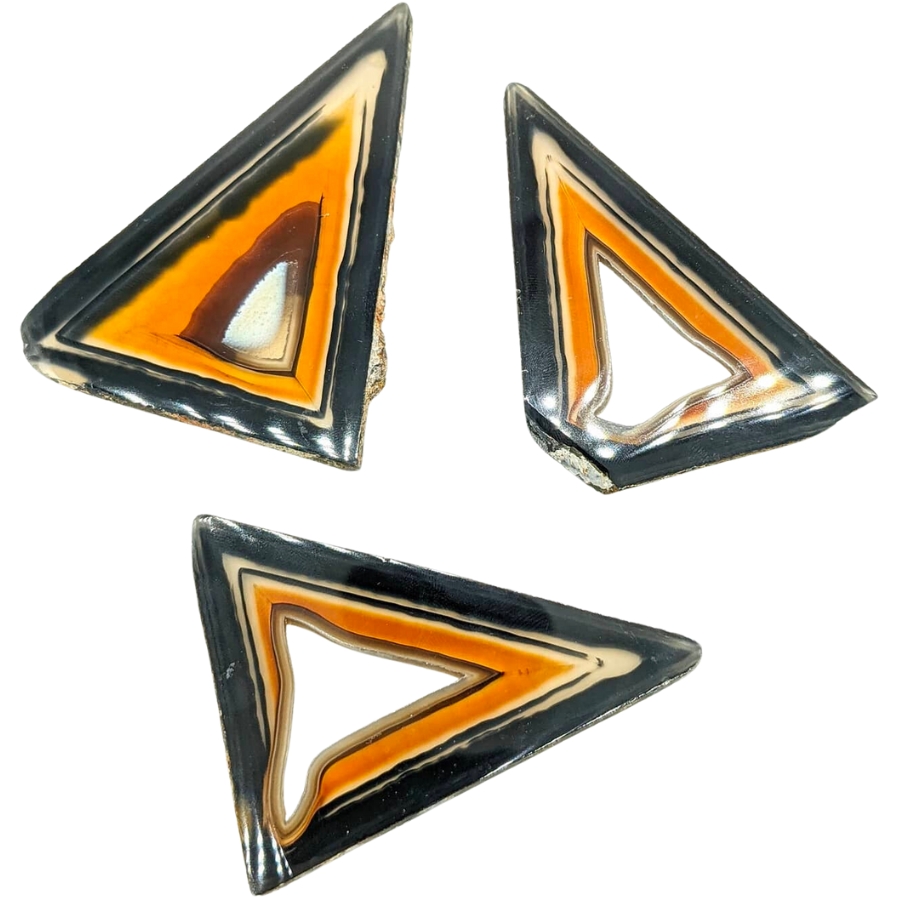 Three slices of polyhedroid agates with interesting polyhedroid shape