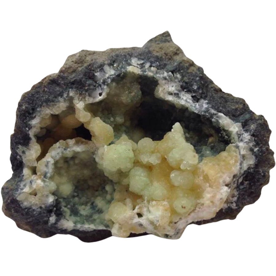 A cracked open prehnite geode showing the lightest green crystals