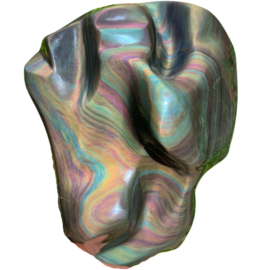 An intricately-shaped rainbow obsidian displaying mesmerizing bands of different colors