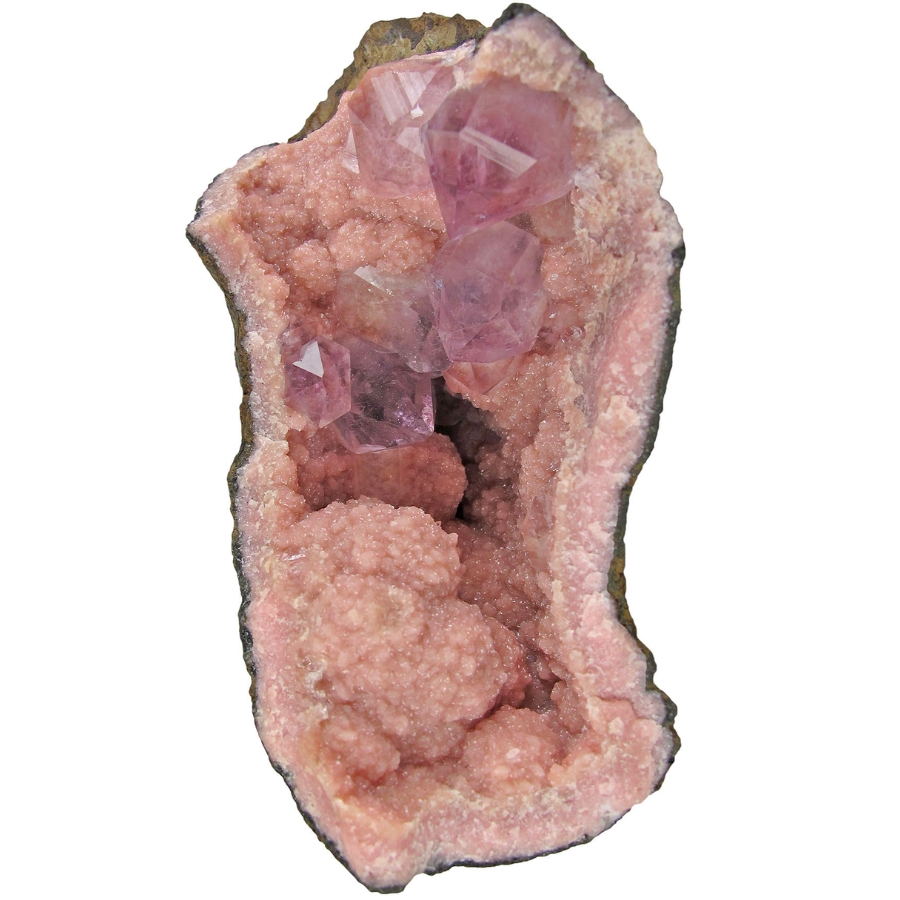 A beautiful light pink rhodochrosite geode with light purple amethyst crystals