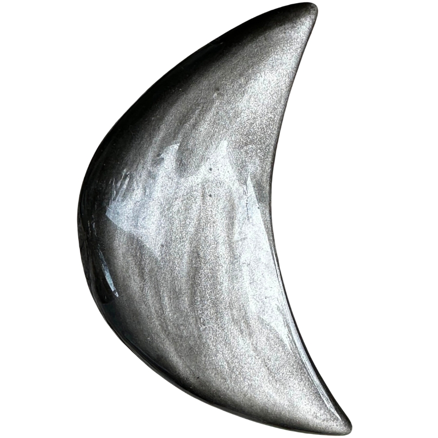 A stunning crescent moon-shaped silver sheen obsidian