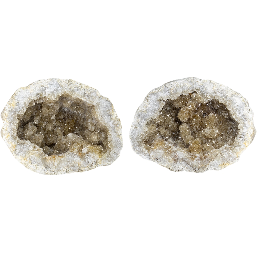 Two sides of an open smoky quartz geode with sparkling crystals