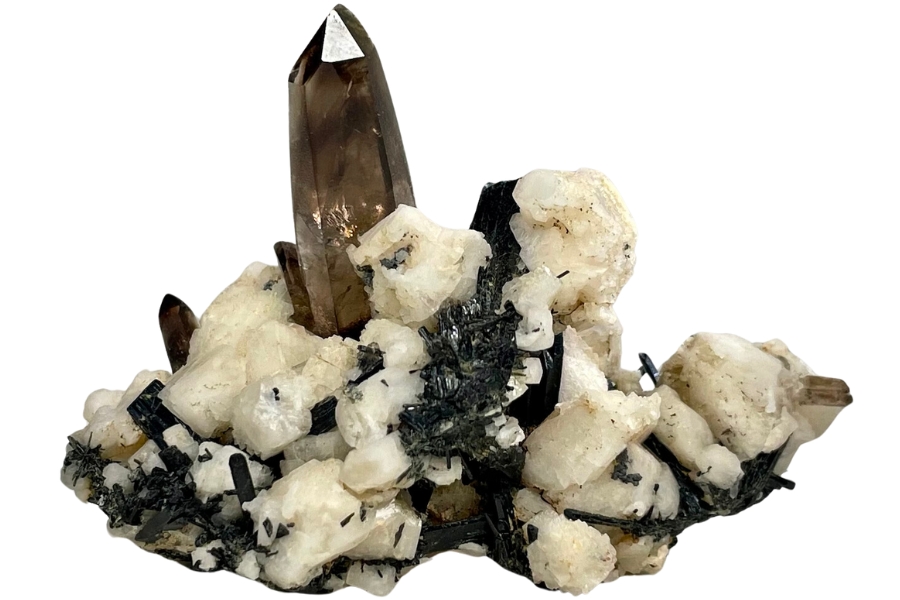 A beautiful specimen showing a fine smoky quartz crystal with feldspar, aegirine, and schorl 
