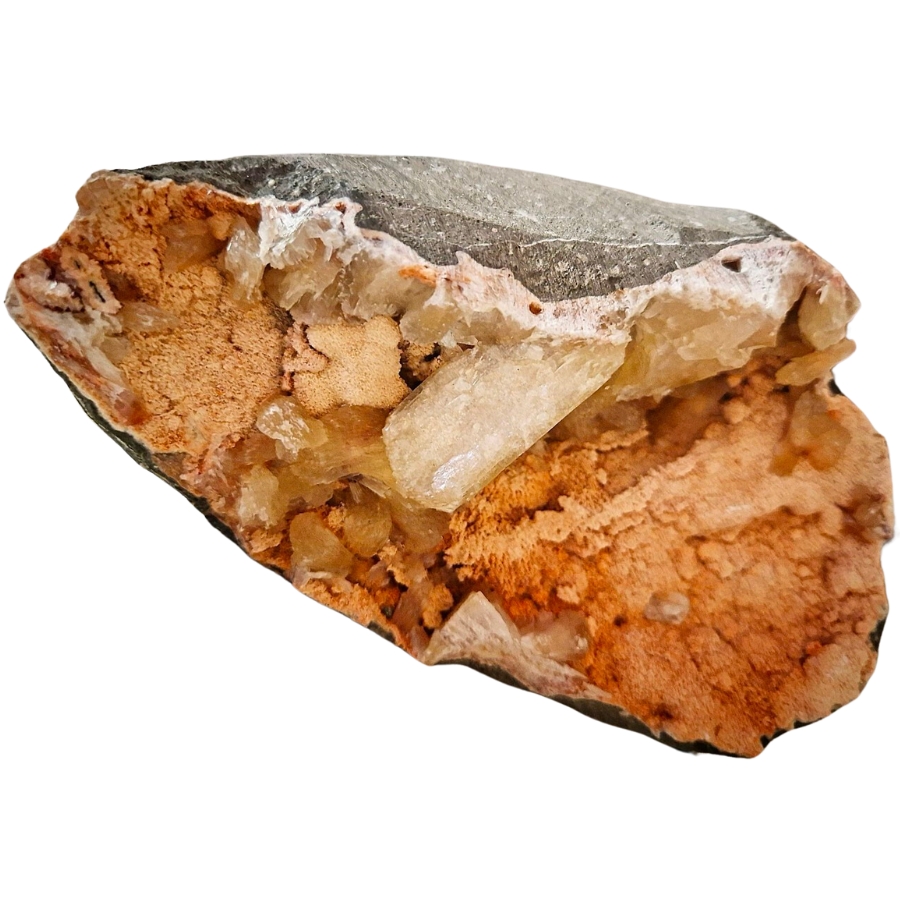 A cracked open stilbite geode showing interesting stilbite crystals