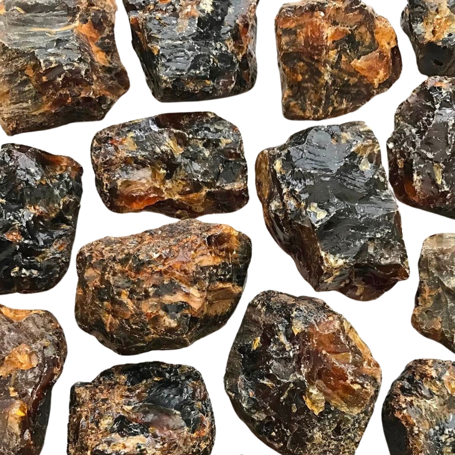 Several pieces of black Sumatran amber
