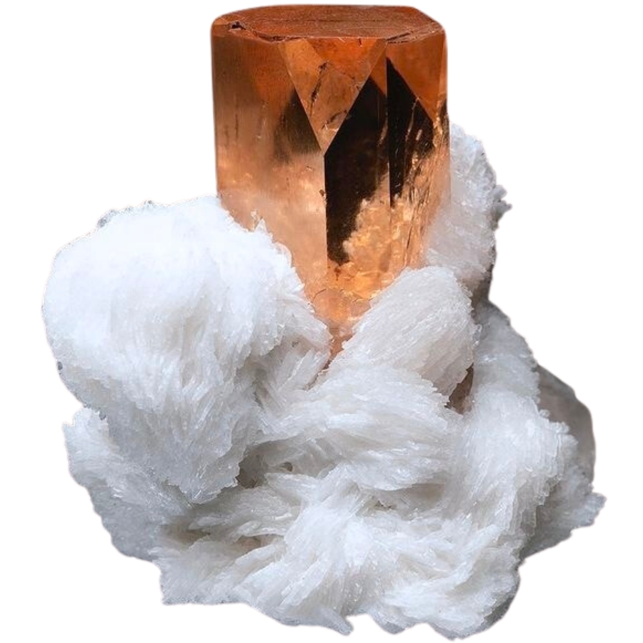 An orange topaz crystal on white cleavelandite