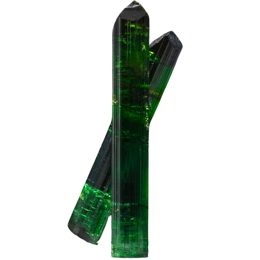 Two long crystals of deep green verdelite
