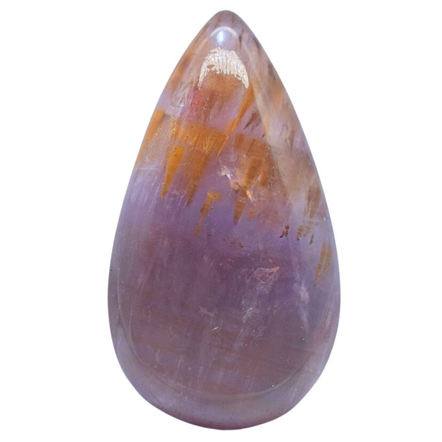 teardrop-shaped purple amethyst cabochon with orange cacoxenite inclusions