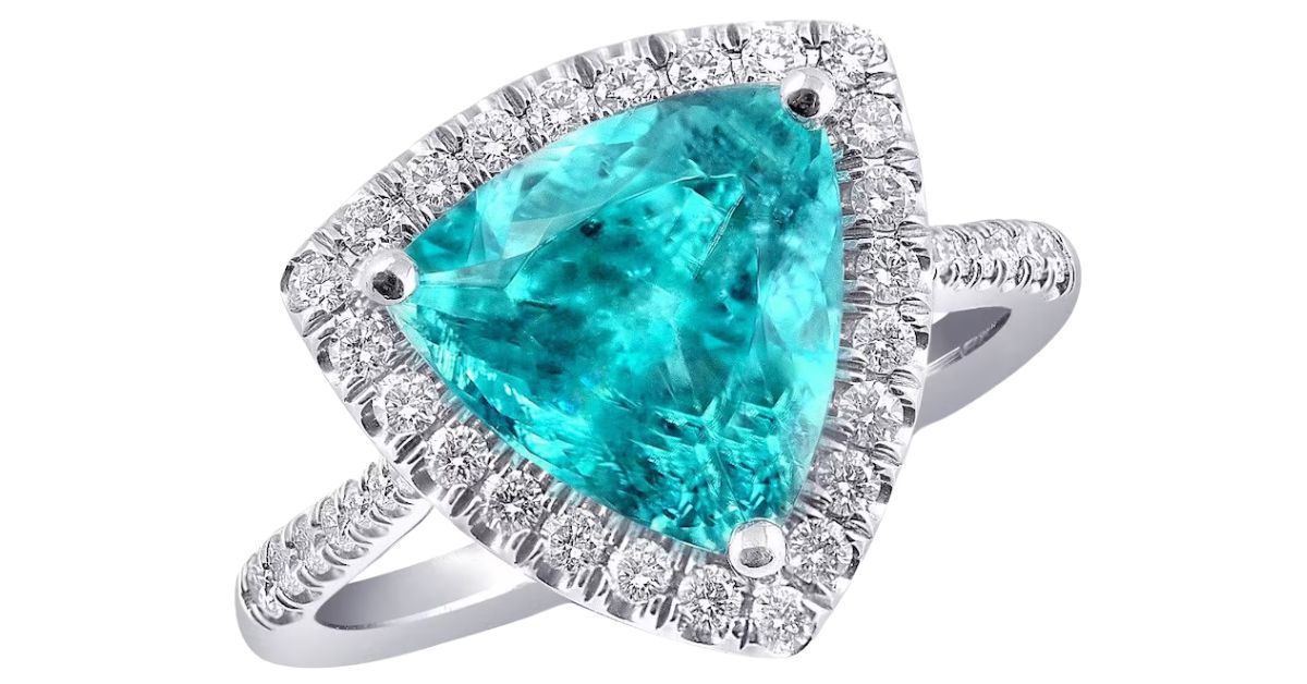 trillion cut bright blue-green Paraiba tourmaline ring