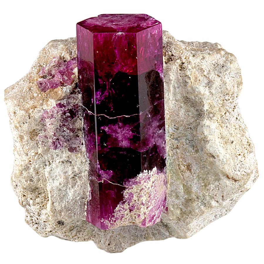 prismatic deep red beryl crystal on a rock