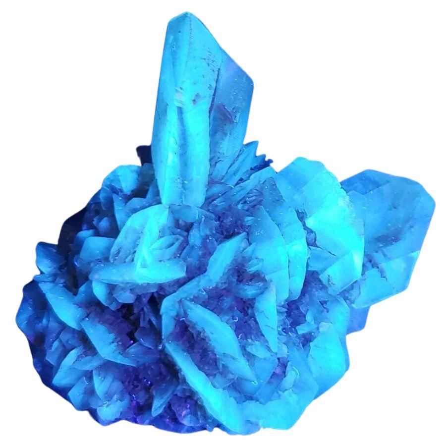 selenite crystals glowing bright blue under UV light