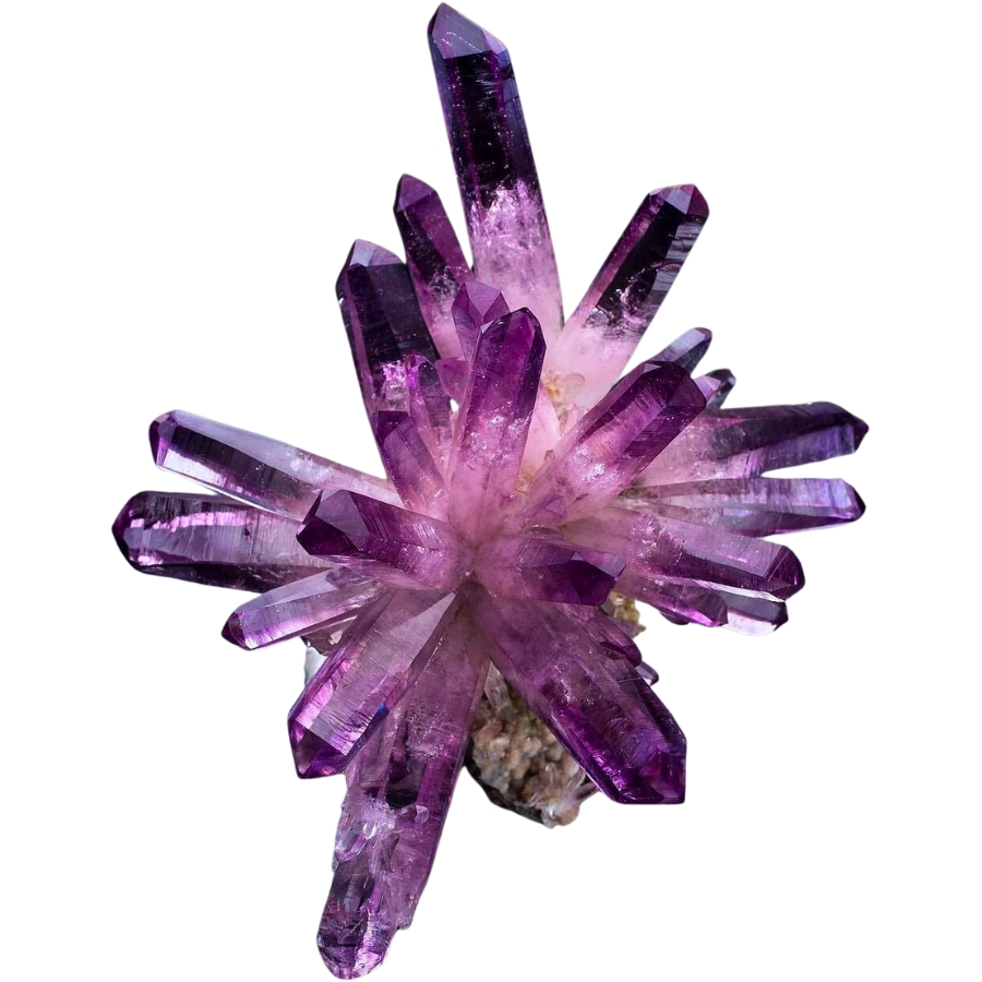A starburst-shaped purple amethyst crystals on a matrix