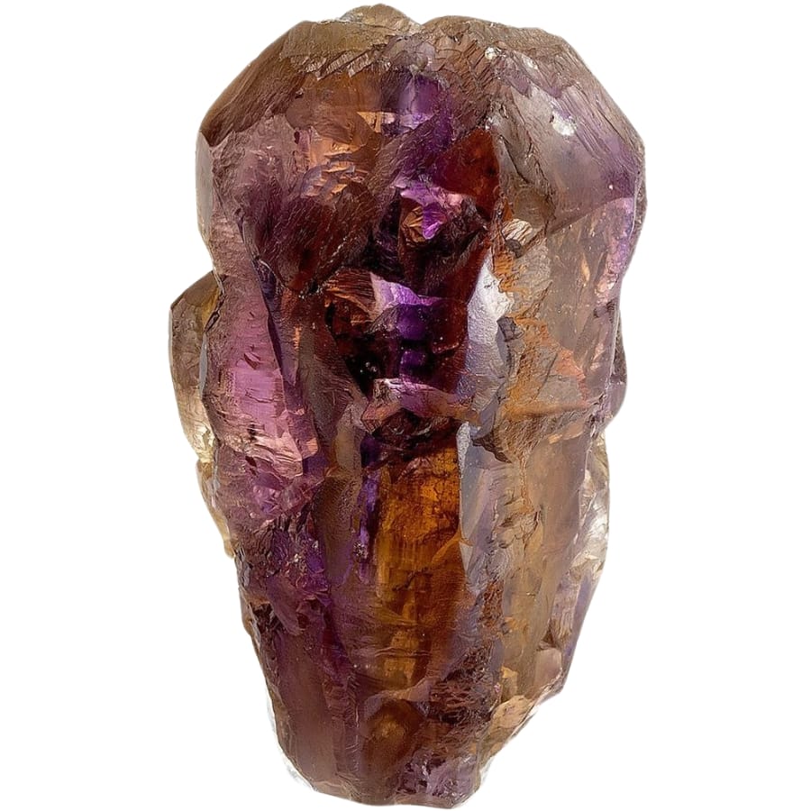 A raw, double-terminated ametrine crystal showing a mix of purple and orange hues