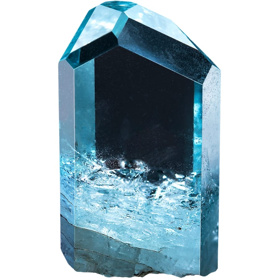 Single crystal of aquamarine with striking quality and brilliance that reflects its black background