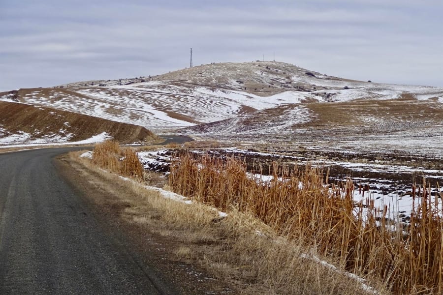 A view of Bald Butte covered in snow