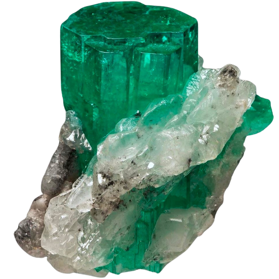 A forest green emerald crystal with white calcite around it