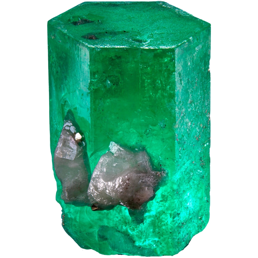 A stunning crystal of deep green emerald with white calcite and a very small pyrite