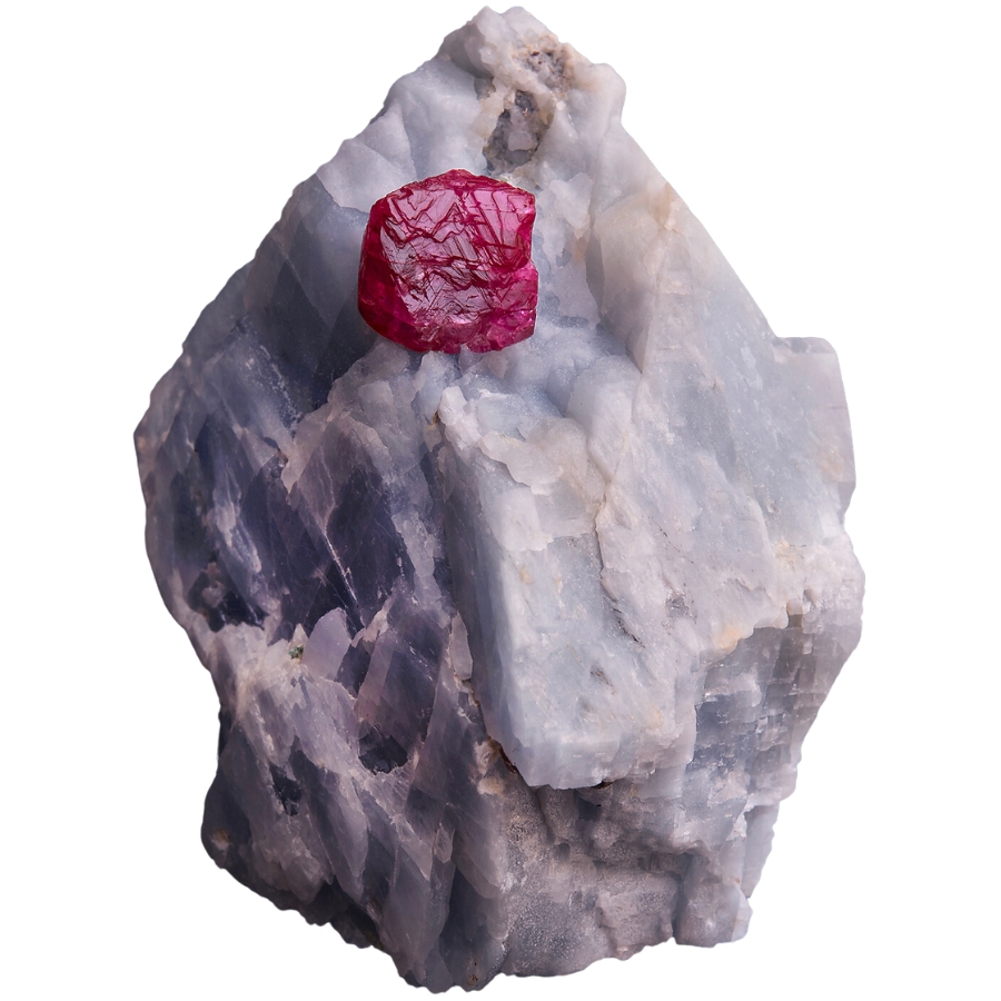 A vibrant gemmy ruby that stands out againts a white calcite matrix