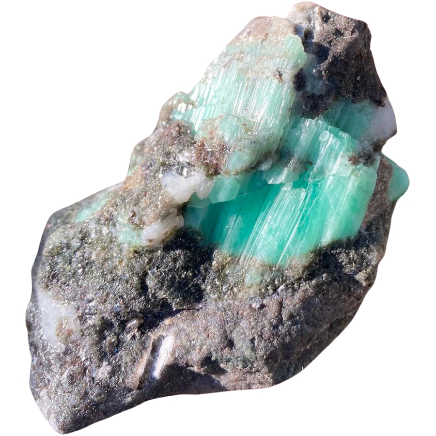 Bluish-green emerald attached to a rock matrix