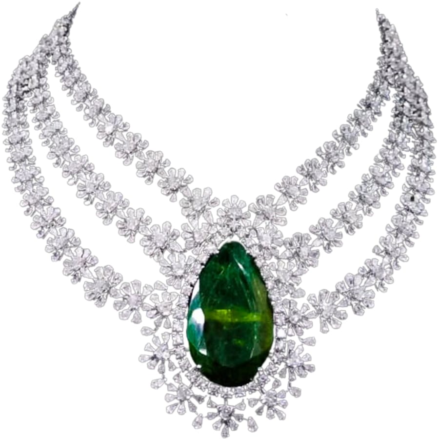 A beautiful necklace with white diamonds on the lace and a big, green emerald set as center stone