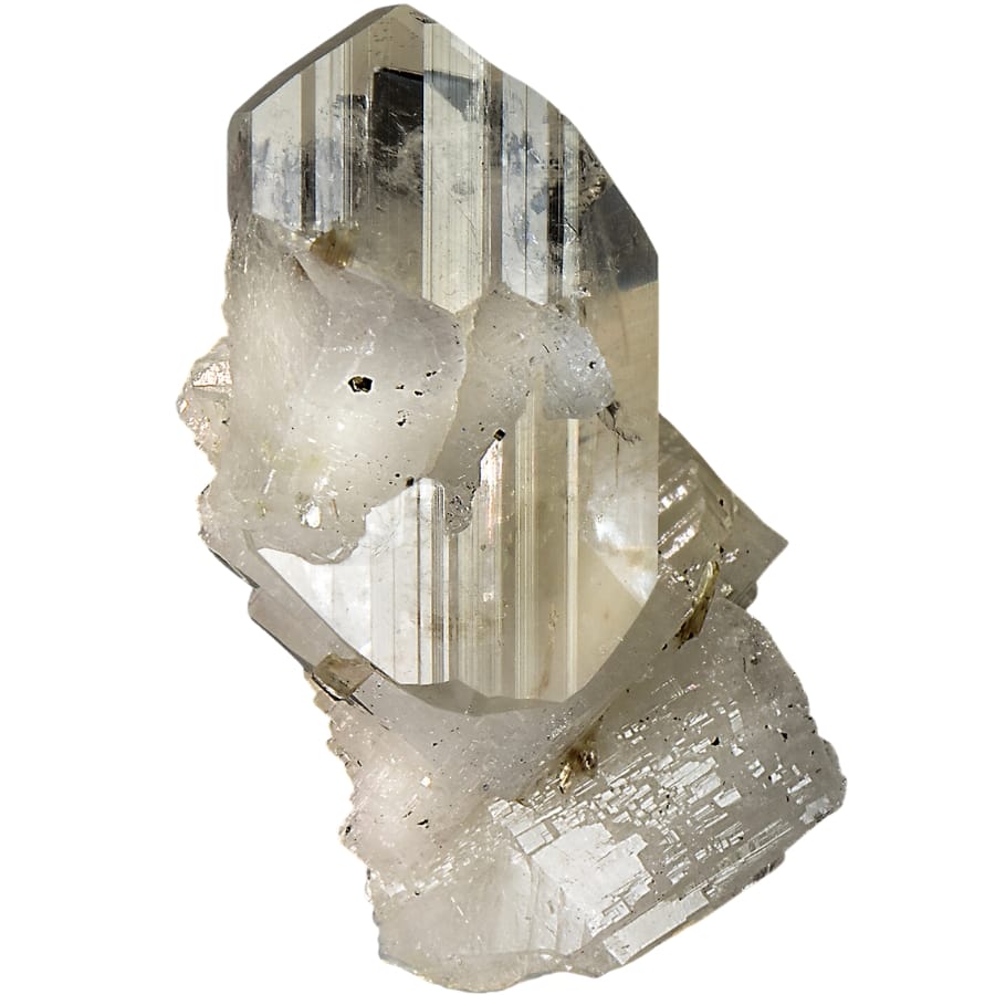 A brilliant and lustrous crystal of clear euclase on a sparkling crystallized adularia matrix