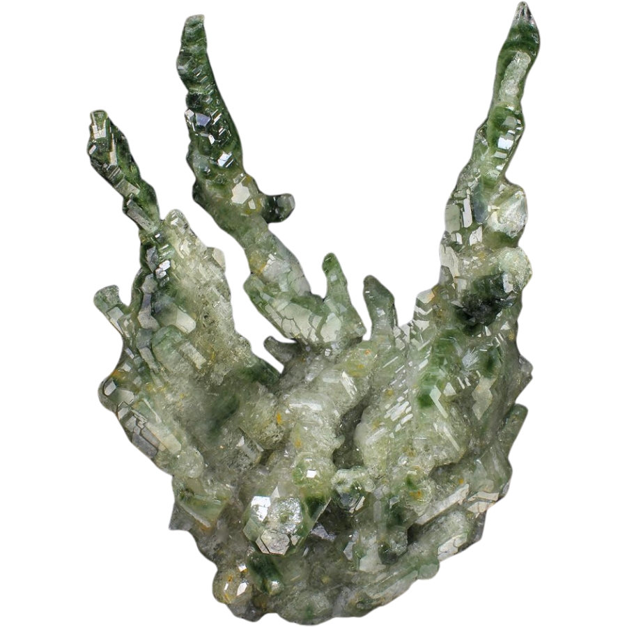Stalactites of lustrous green apatite crystals that has grown in elongated crystals