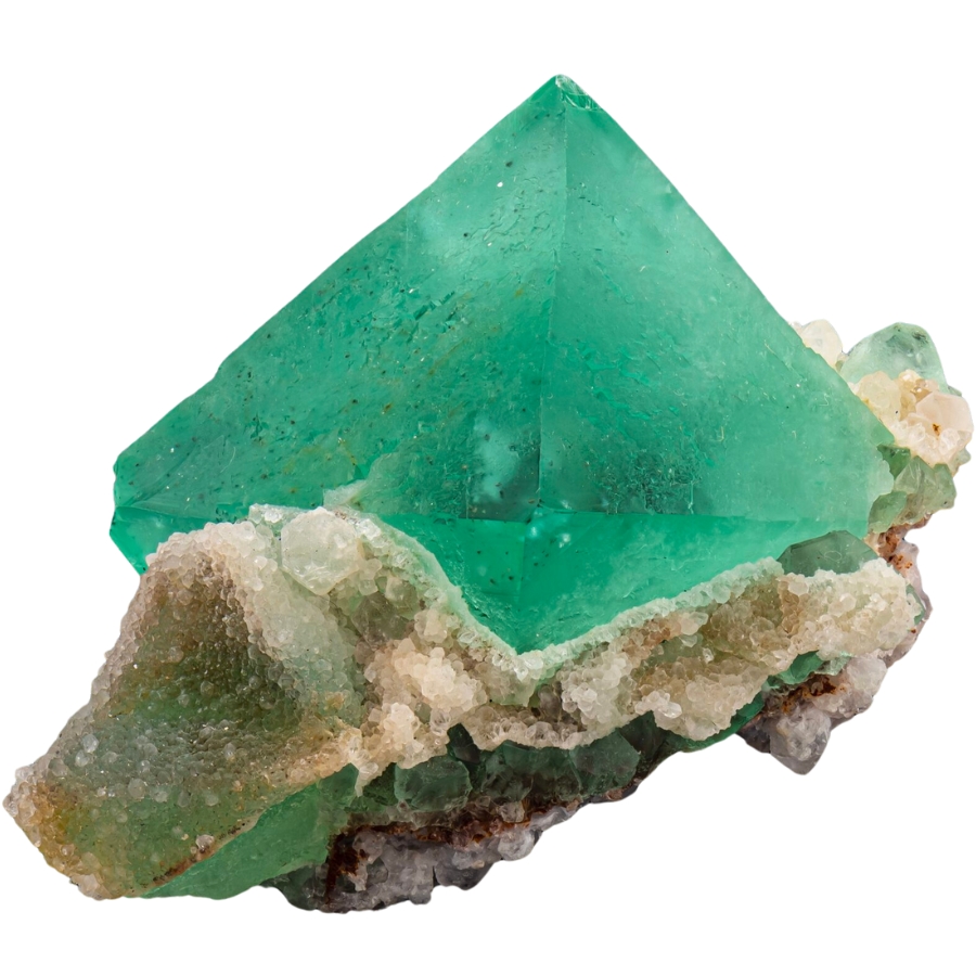 Sharp, lime-green fluorite crystal on white quartz