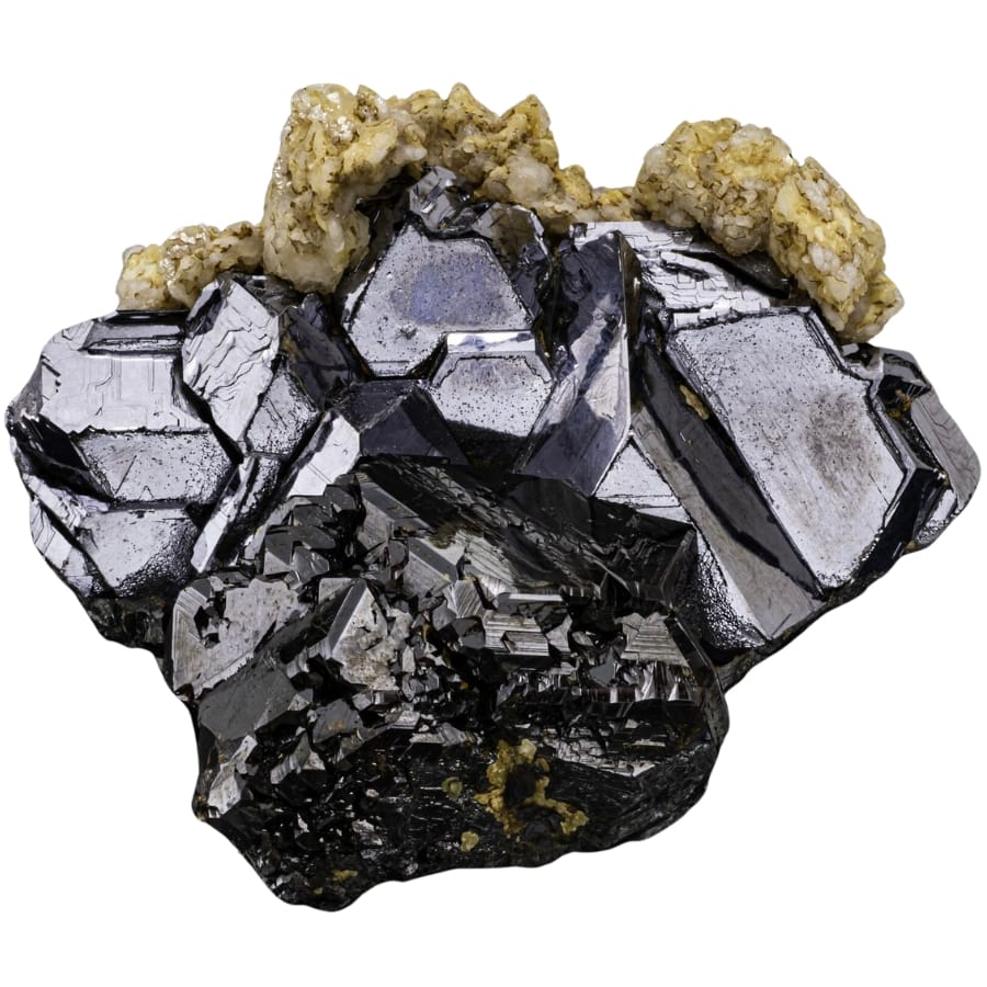 Sharp, steel-gray crystals of galena with light brown sphalerite on top