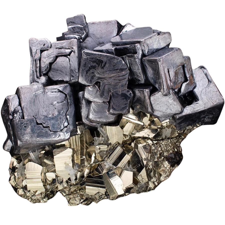 Metallic gray galena over golden pyrite crystals