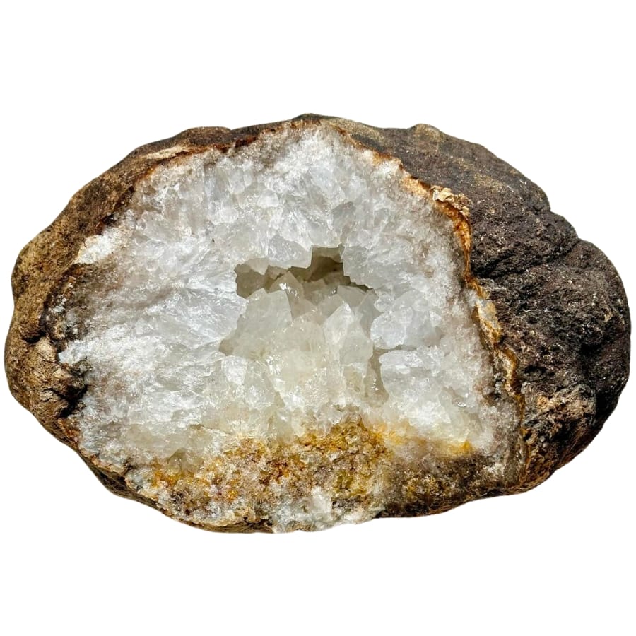 An open geode showing crystals of milky quartz
