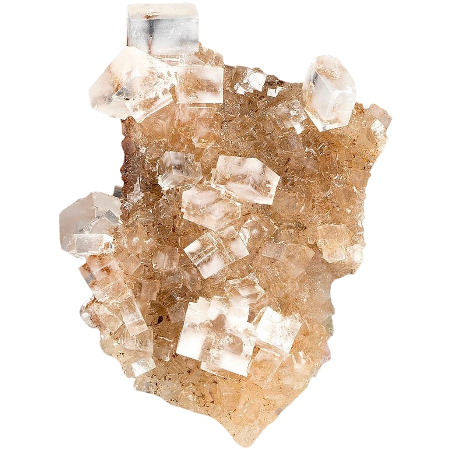 Clear, colorless cubic gems of halite on a crystallized halite matrix