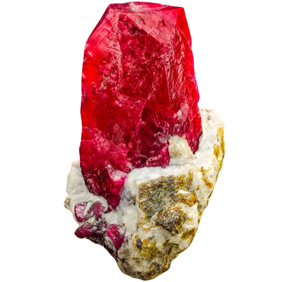 A pigeon-red crystal of ruby on a white marble matrix