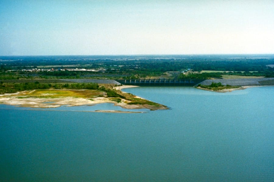 Aerial view of the waters and wide landscape in Lake Waco