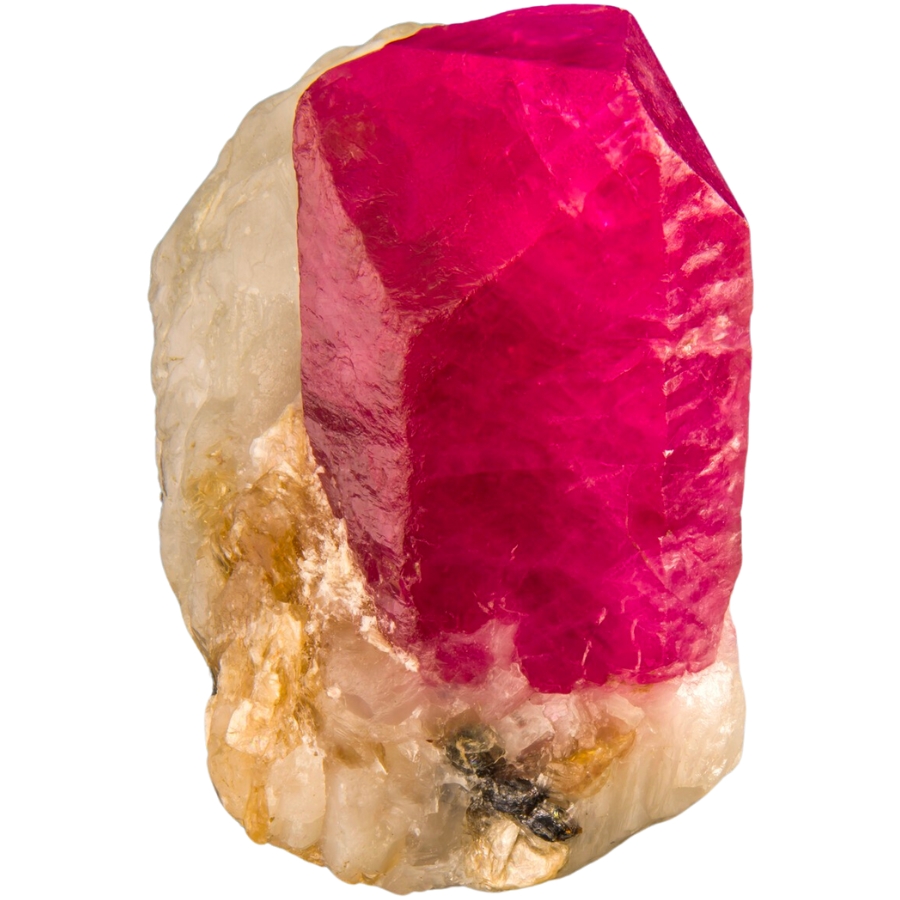 A deep pinkish red ruby crystal on a marble matrix