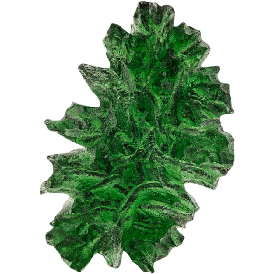 A stunning piece of raw deep green moldavite with a glassy luster