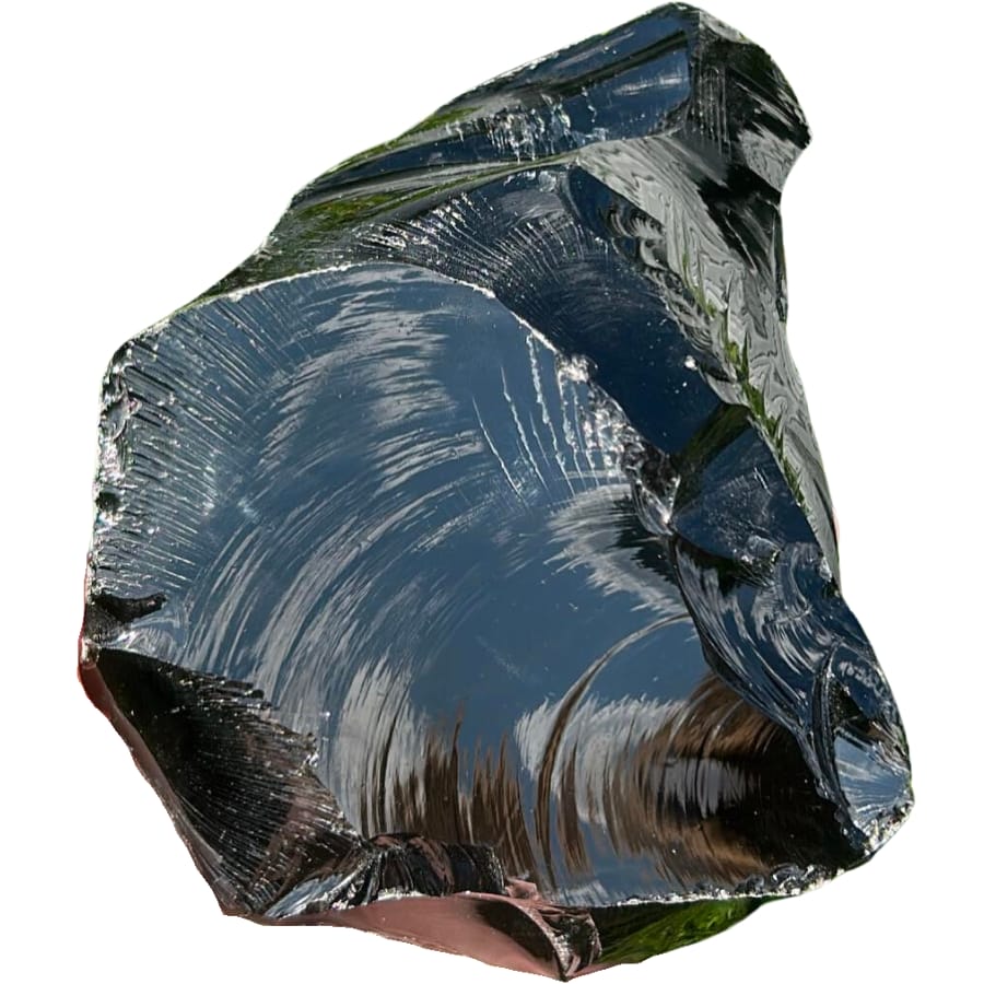 A raw black obsidian showing a glassy, quite reflective surface